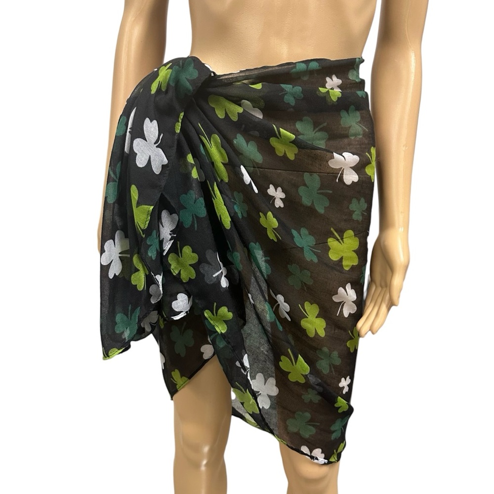 Black Green Clover Print Semi Sheer Scarf Wrap Sarong Coverup 29 x 70 inches